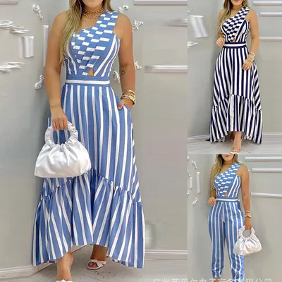 Elegant commuter blue striped one-shoulder dress