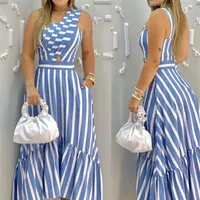 Elegant commuter blue striped one-shoulder dress