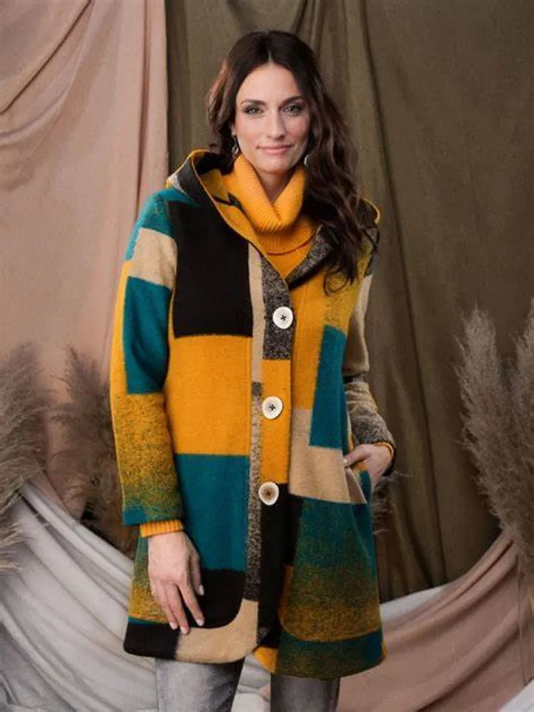 Teal-Mustard-Black Coat with Hood