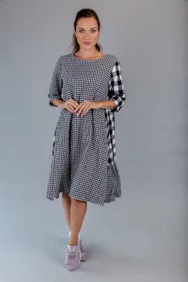 Black-white Block Style Checkered Cotton Dress