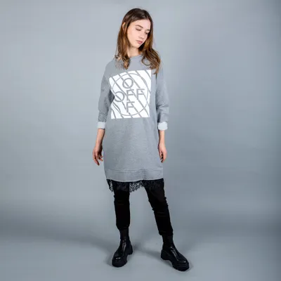 Grey Dress with 'OFF' Print and Lacy Bottom
