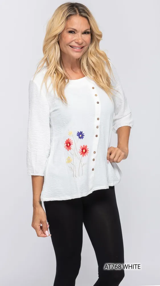 WHITE TOP BUTTON DETAIL WITH EMBROIDERED FLOWER