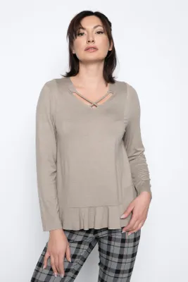 Heather Taupe V-Neck Ruffle-Trim Top
