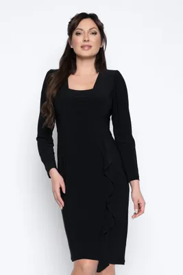 Black Long Sleeves Side Ruffle Dress
