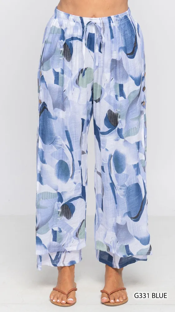 BLUE / NAVY WHITE  FLAIRED BUTTON DETAIL ELASTIC WAIST PANT