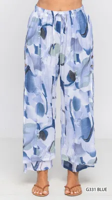 BLUE / NAVY WHITE  FLAIRED BUTTON DETAIL ELASTIC WAIST PANT