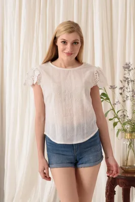 Off-white Plain Cotton Top with Lacy Cap Sleeves