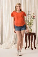 Orange Plain Cotton Top with Lacy Cap Sleeves