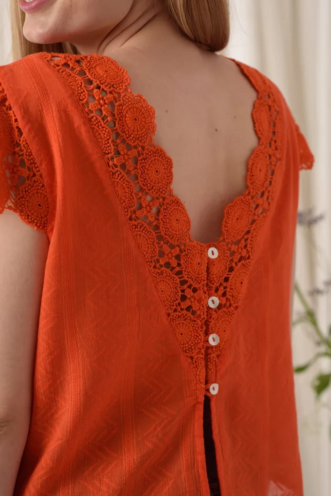 Orange Plain Cotton Top with Lacy Cap Sleeves