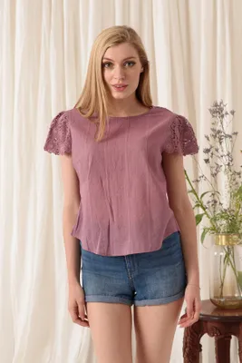 Mauve Plain Cotton Top with Lacy Cap Sleeves