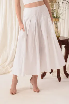 White Pleated Cotton Wide Leg Pants