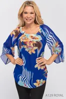 Colorful Printed 3/4 Sleeves Top with Elastic Detailed Neck