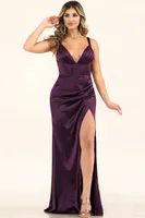 PURPLE DEEP V NECK SHIRRING SLIT SATIN MAXI