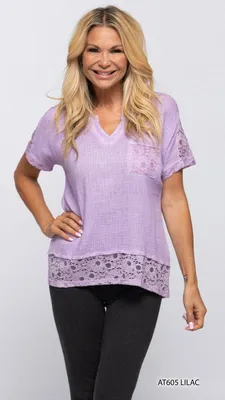 LILAC ROUND /V NECLINE WITH LACE DETAIL ON SLEEVES & BOTTOM