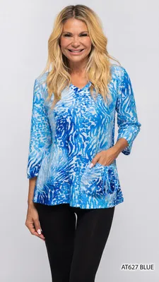 ROYAL BLUE / SKY blend abstract print v neckline top