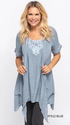 Short Sleeves Designer Top with Lacy Patch and Attached Cardigan