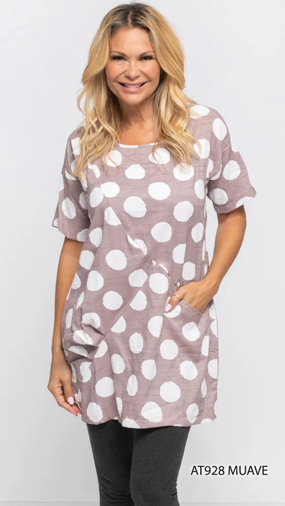 Polka Dot Printed Cotton Top with 1 Side Pocket