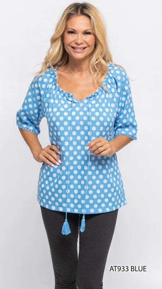 Blue Polka Dot Tie-neck Blouse