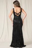 BLACK SQUARE NECK SLEEVELESS SEQUIN SLIT MAXI DRESS