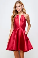 BURGUNDY SLEEVELESS TAFFETA DRESS