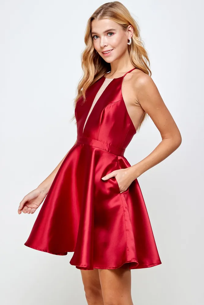 BURGUNDY SLEEVELESS TAFFETA DRESS