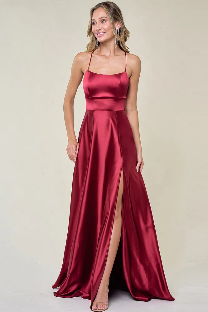 BURGUNDY CRISS CROSS BACK SLIT SATIN MAXI DRESS