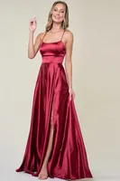 BURGUNDY CRISS CROSS BACK SLIT SATIN MAXI DRESS