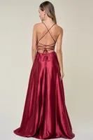 BURGUNDY CRISS CROSS BACK SLIT SATIN MAXI DRESS