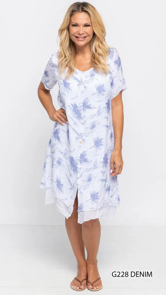 White Short Sleeves Floral Lined Dress with Buttons