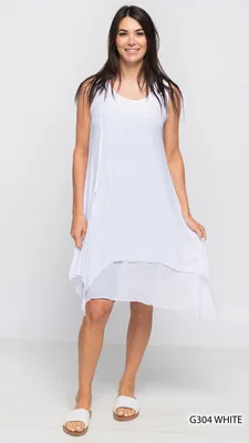 White Plain Sleeveless Double Layered Asymmetrical Dress (WHITE