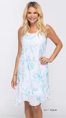 Aqua-White Printed Sleeveless Dress