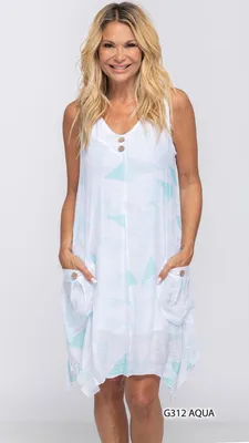 Aqua-white Printed Dress with Buttons on Pockets and Neck