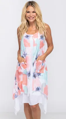 Coral-white Printed Dress with Pockets