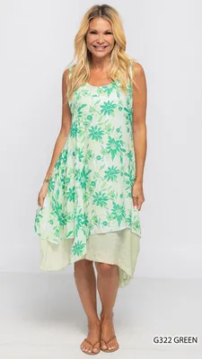 Green Printed Asymmetrical Sleeveless Dress