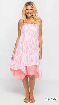 Coral Printed Double Layered Sleeveless Dress
