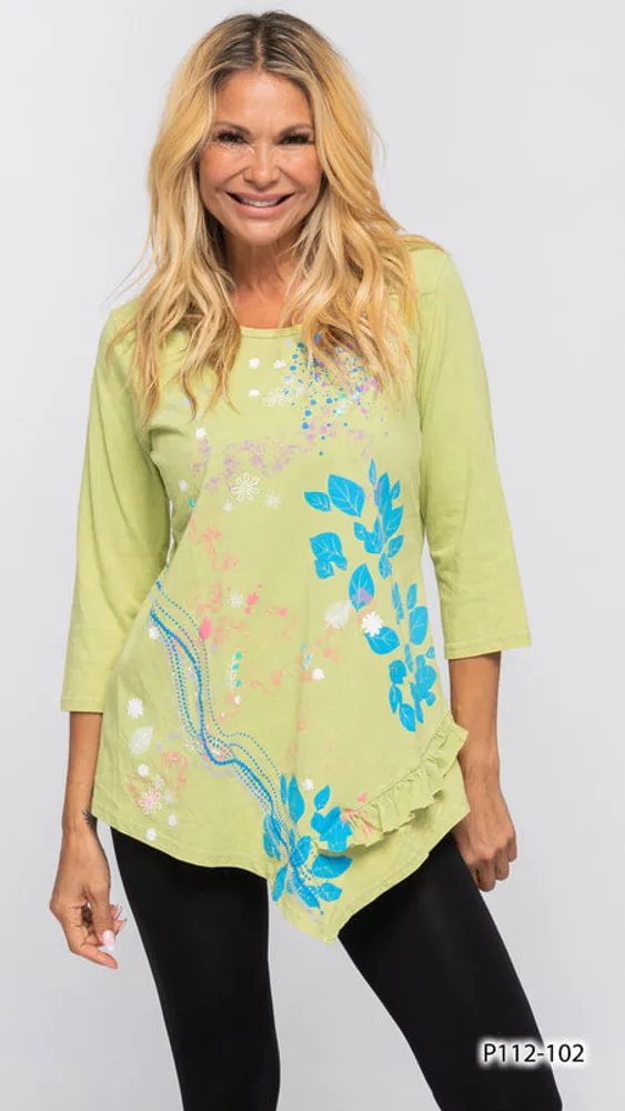 LIME GREEN ASYMMETRICAL 3/4  SLEEVES TOP PRINT (102)