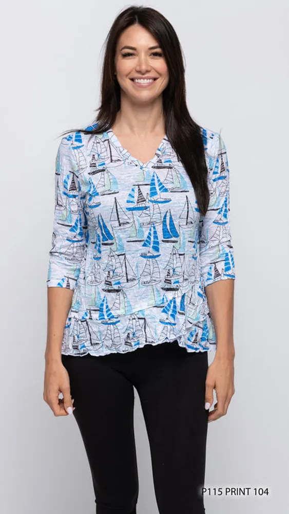 White and Blue yacht print crush fabric top