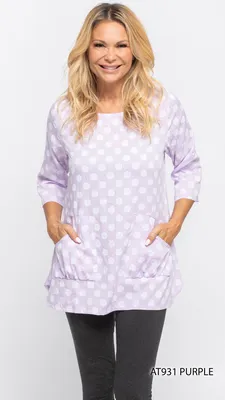 Polka Dot Printed Cotton Top with Button-up Sleeves and 2 Pockets