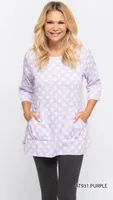 Polka Dot Printed Cotton Top with Button-up Sleeves and 2 Pockets