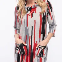 Red-Grey-Black Printed Drape Neck Dress with Pockets