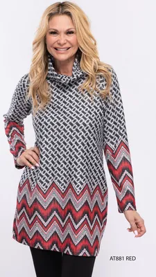 Red-Grey Zigzag Printed Turtle Neck Dress