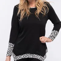 Grey-Black Full Sleeves Top with Dot Printed Hemline