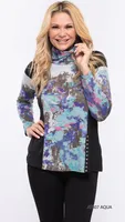 Aqua-black Printed Turtle Neck Top