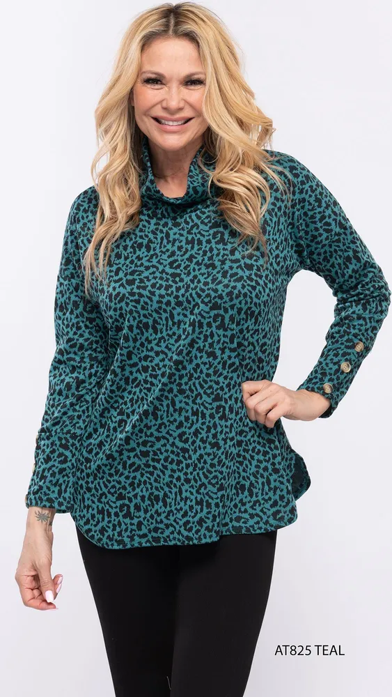 Teal-Black Printed Turtle Neck Top with Buttons on Sleeves