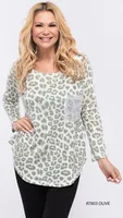 Olive-white Animal Print Top with Shiny Chest Pocket