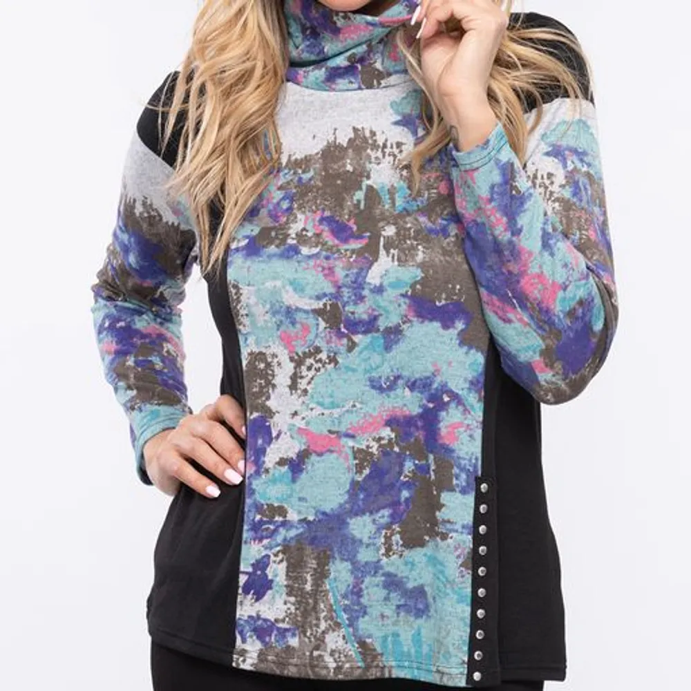 Aqua-black Printed Turtle Neck Top