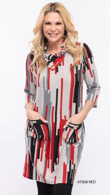 Red-Grey-Black Printed Drape Neck Dress with Pockets