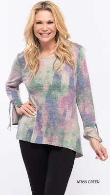 Green-Multi Asymmetric Hemline Top with Stylish Sleeves