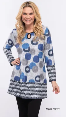 Blue-grey Circle Printed Dress with Keyhole Neck (print 1)