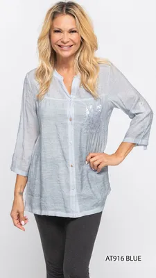 Mesh Style Button Down Top with Embellished Pocket